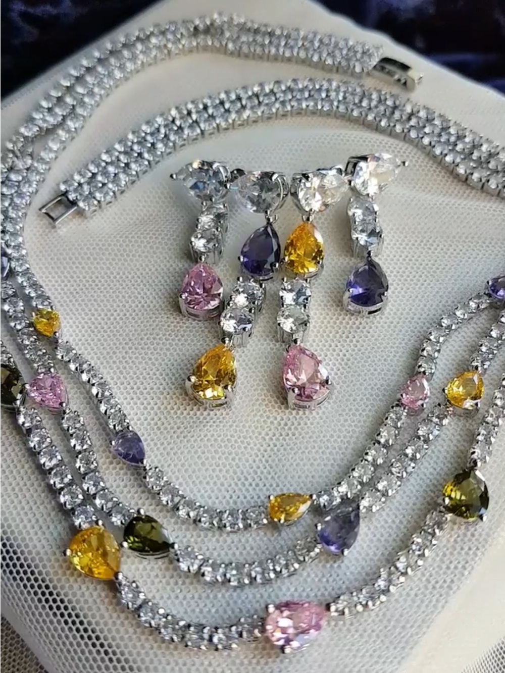 Swarovski Elements Teardrop Pink Purple & Yellow Gem Layered Necklace NEW - Picture 3 of 17